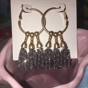 Gold Hoop Earrings w/Gray Glass StoneTassels New